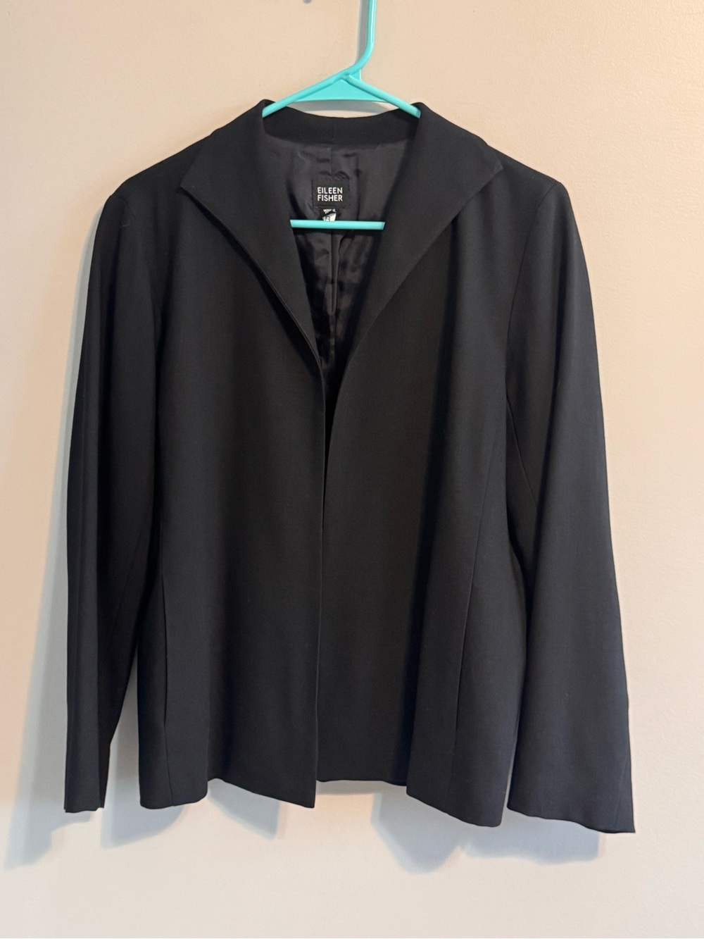 Eileen Fisher Black 100% Wool Open Front Blazer Jacket Size Small